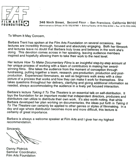 Film Arts Foundation Recommendation